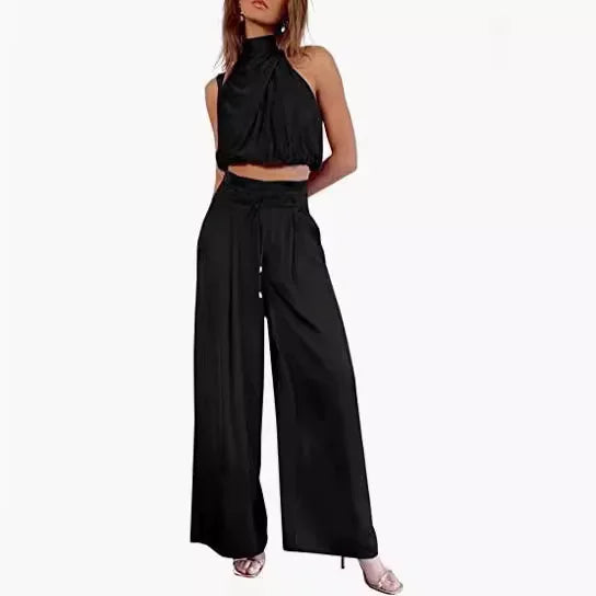 🍒Tweedelige broekpakke vir vroue oop naeltjie-uitrusting, syerige moulose tops en wye pypbroeke, slim gemaklike drag, somermode, klubdrag, partytjie-geleentheidsdrag, 2-stukstelle, trek hierdie GEKNIPTE top aan en wees GEREED vir WYE goedkeuring