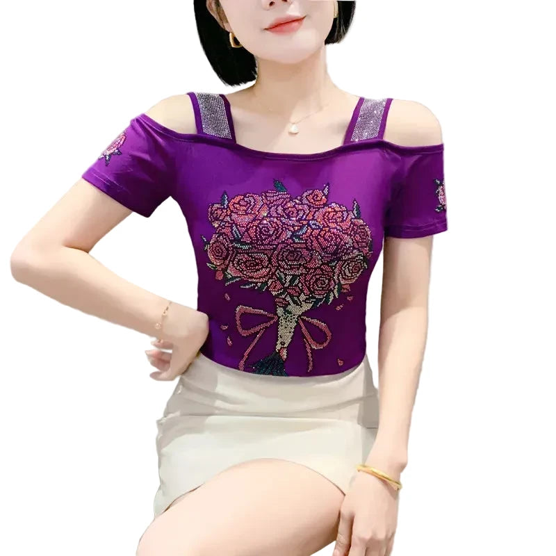 🍒Streetwear-sjiek Hartvormige top, diamant-t-hemp, moulose swart T-hemp vir vroue, somer kortmou gaas-tops.