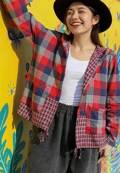 🍒格子口袋连帽外套上衣衬衫格子衫春夏时尚休闲女装格子服装户外风格俏皮别致格子
