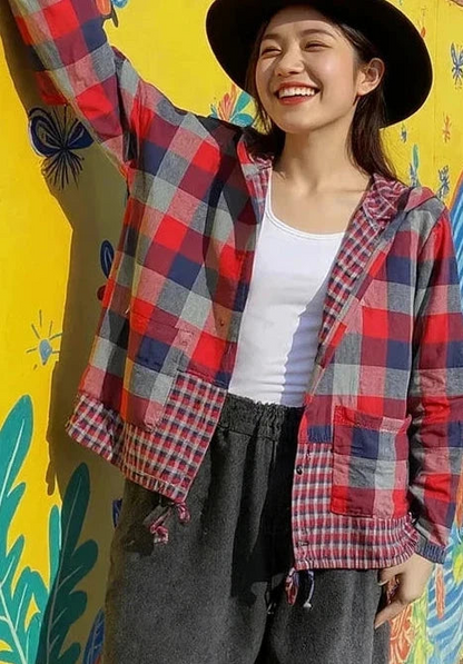 🍒格子口袋连帽外套上衣衬衫格子衫春夏时尚休闲女装格子服装户外风格俏皮别致格子