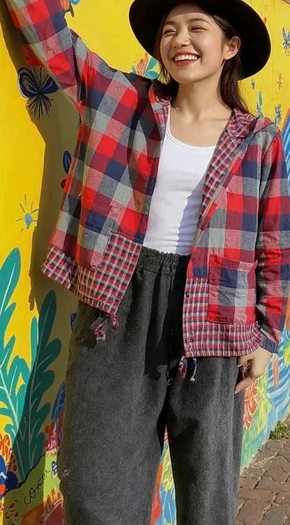 🍒格子口袋连帽外套上衣衬衫格子衫春夏时尚休闲女装格子服装户外风格俏皮别致格子