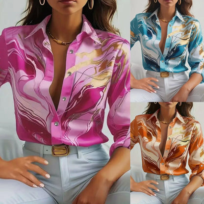 🍒Office blouses for women smart casual spring autumn fashion female business casual fashion colourful print clothing elegant loose long sleeve button shirt Look Marvelous Marble