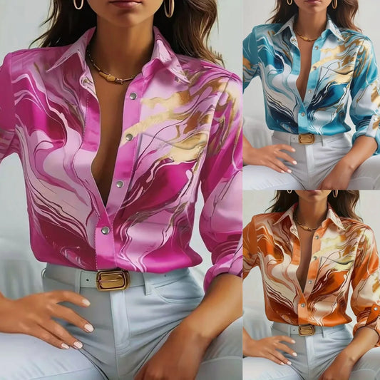🍒Kantoorbloese vir vroue slim gemaklike lente herfs mode vroulike sake gemaklike mode kleurvolle drukklere elegante los langmou-knoophemp Lyk Wonderlik Marmer