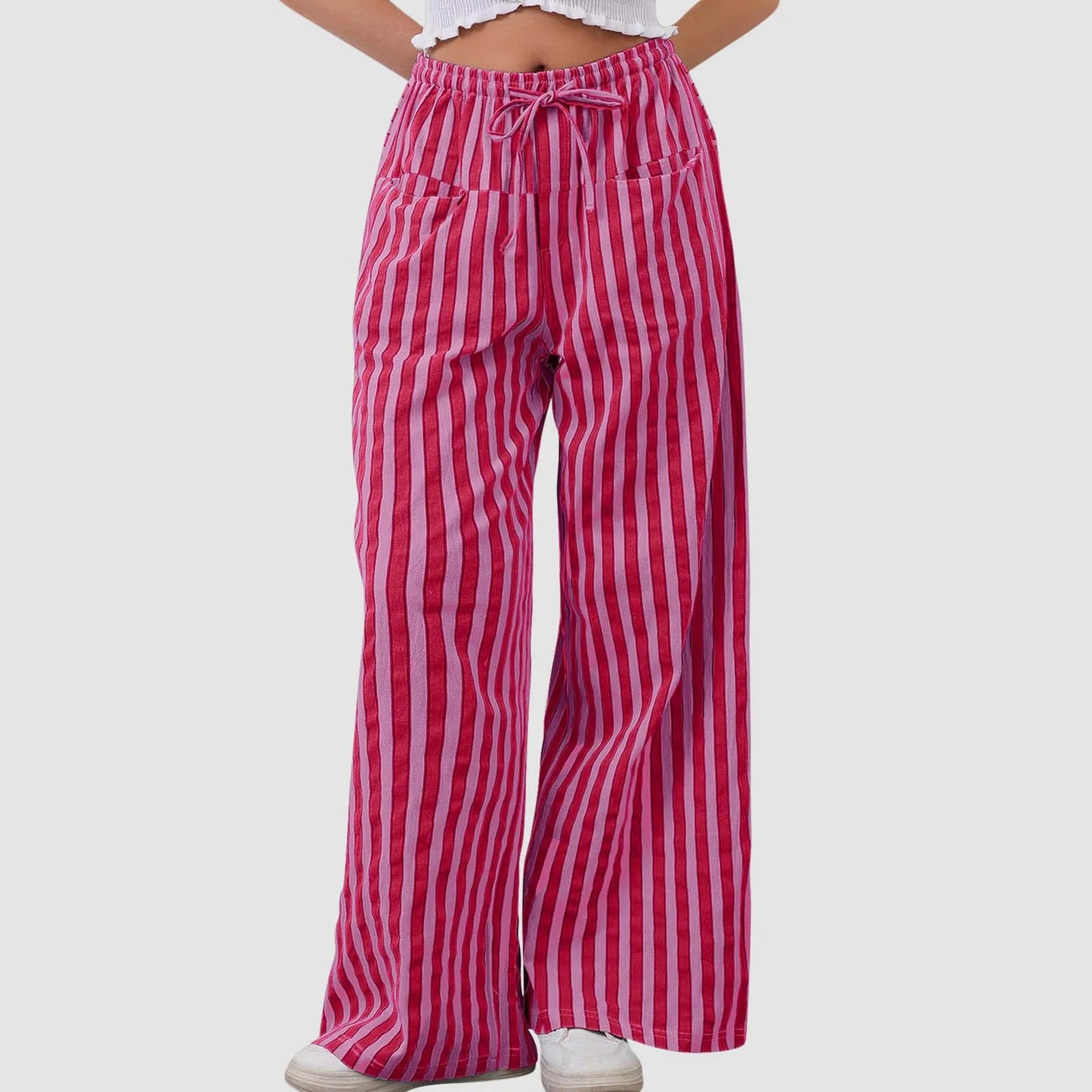 🍒Gestreepte wye been broek hoë middellyf elastiese broek trekkoord wye been broek sakkerige onderdele vroue gemaklike hoëstraat klere met sak Kry 'n lospassende voorkoms in gestreepte los broeke
