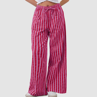 🍒Gestreepte wye been broek hoë middellyf elastiese broek trekkoord wye been broek sakkerige onderdele vroue gemaklike hoëstraat klere met sak Kry 'n lospassende voorkoms in gestreepte los broeke