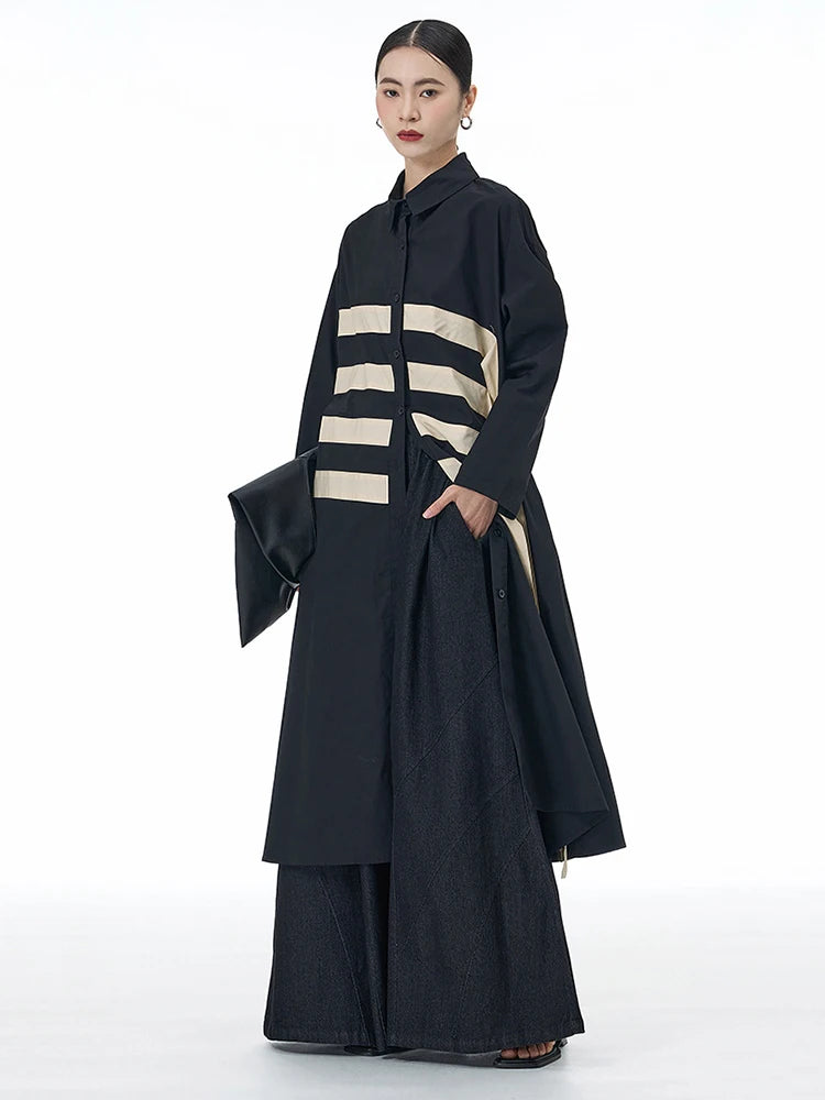 🍒black striped shirt dress women ribbon colour-block big size coat dress a-line with long sleeve and turn down collar fashion smart casual outwear Get A ZEBRA aCROSS a shirt dress cool thING