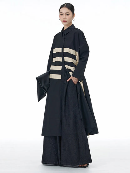 🍒black striped shirt dress women ribbon colour-block big size coat dress a-line with long sleeve and turn down collar fashion smart casual outwear Get A ZEBRA aCROSS a shirt dress cool thING