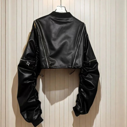 🍒pu cold shoulder leerbaadjie Y2K estetiese straatklere buiteklere los modes vroue soliede mode vroulike kort jas Bly snoesig in 'n koue skouerjas