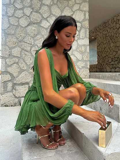 🍒Women's chiffon mini dress v-neck long sleeve split ruffle high waist outfit for holiday party fashion green beach dresses Let Them Envy You In This Green Beauty