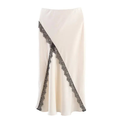 🍒Satin halter top white and long matching maxi skirt set women's lace trim outfit with high waisted skirt and camisole top for summer fashion wear This Satin Is Laced With 'Ace'