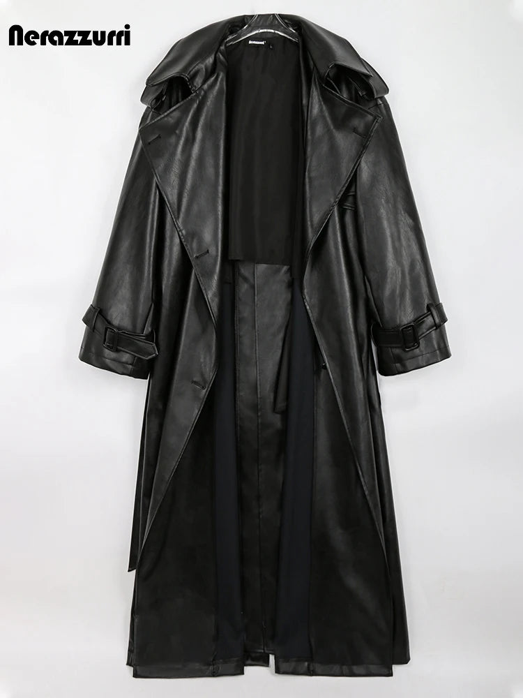 🍒 Lang oorgroot swart trenchcoat-kunsskaapleerbuitelaerdrag vir vroue dubbelbors-oorjas met gordel los slim-gemaklike buiteklere