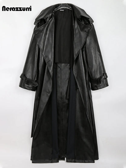 🍒 Lang oorgroot swart trenchcoat-kunsskaapleerbuitelaerdrag vir vroue dubbelbors-oorjas met gordel los slim-gemaklike buiteklere