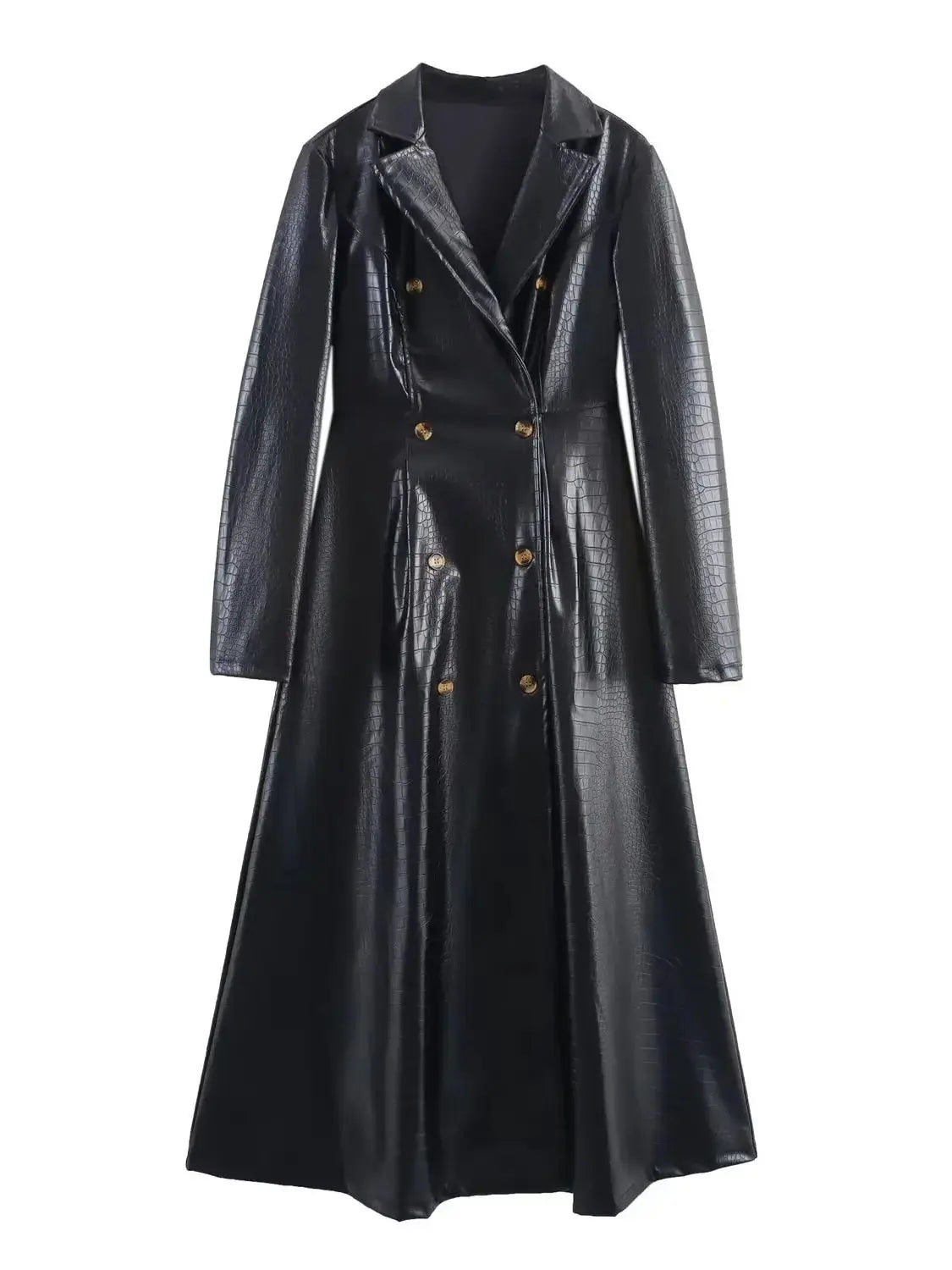 🍒Ekstra lang kunsleer-trenchcoat vintage maxi luukse pu dubbelbors swart ontwerper-buiteklere klere slim gemaklik Krokodilstyl