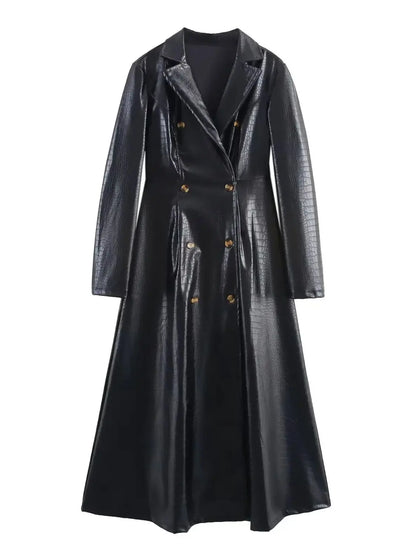 🍒Ekstra lang kunsleer-trenchcoat vintage maxi luukse pu dubbelbors swart ontwerper-buiteklere klere slim gemaklik Krokodilstyl