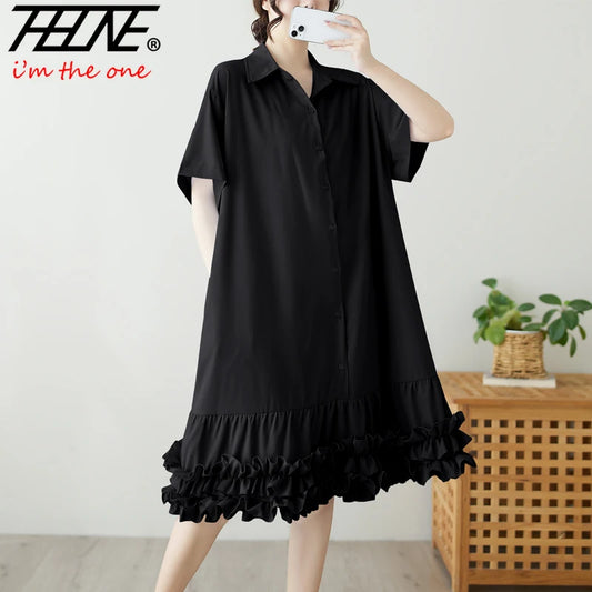 🍒Fashion summer dress women loose solid shirt dress turndown collar short sleeve casual outfit oversized You Will Get Shirty If You Miss out