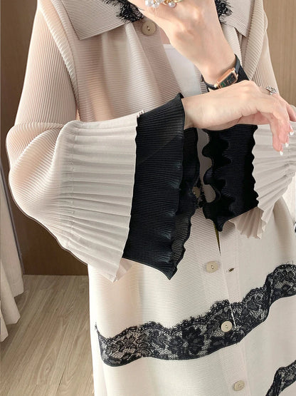 🍒褶皱蕾丝翻领喇叭袖单排扣连衣裙优雅中长款时尚穿搭智能休闲女装派对宴会装