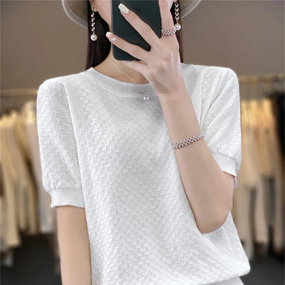 🍒Vroue se tekstuur-T-hemp somer katoen tops kortmou effekleur tee ronde hals los bloes gemaklike kledingstuk