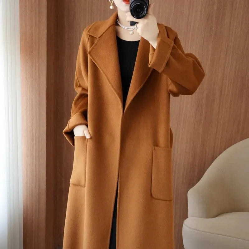 🍒100% wool coat for women autumn/winter fashion double sided cashmere coat with belt elegant long overcoat smart casual outerwear Warmup In Wool