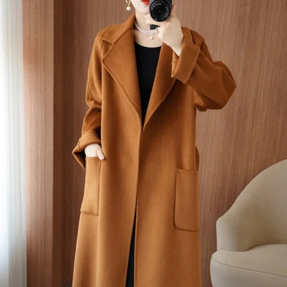 🍒100% wool coat for women autumn/winter fashion double sided cashmere coat with belt elegant long overcoat smart casual outerwear Warmup In Wool