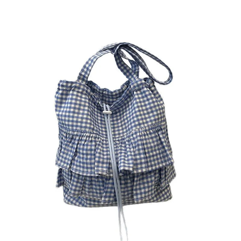 🍒Fashion ruffles check womens drawstring shoulder bag girls commuter womens simple shoulder bag tote bag large capacity handbags
