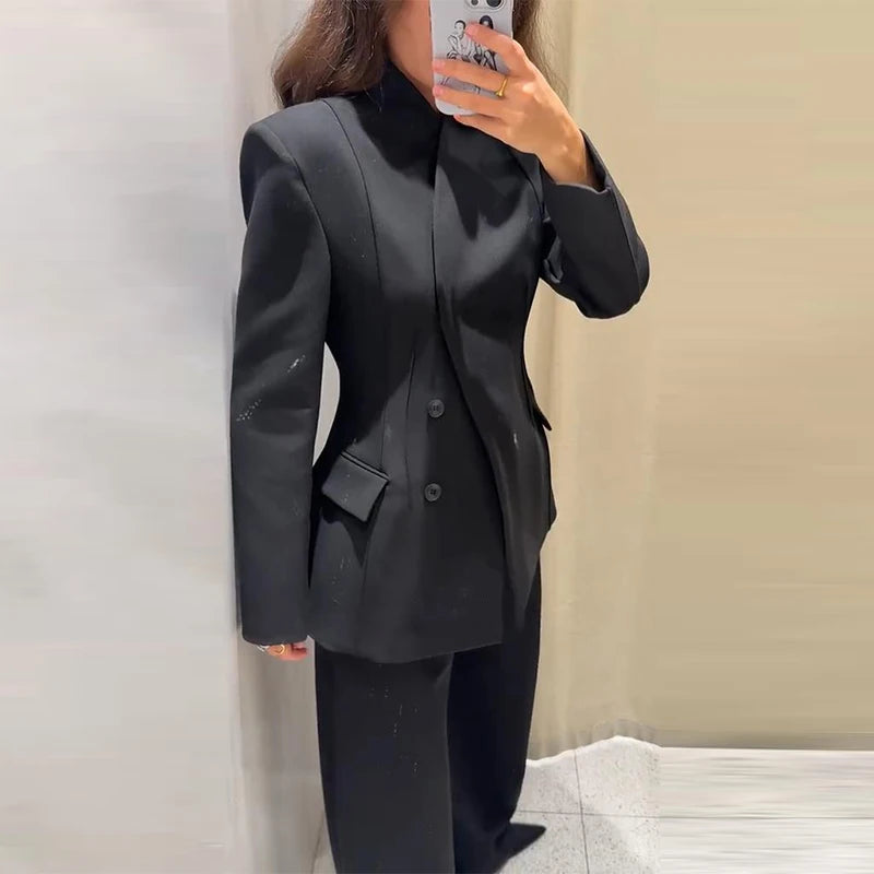 🍒Casual black blazer and pants set long sleeve jacket with fitted waist and long kick flare solid straight pant set women spring autumn suits  ‘Well fit
