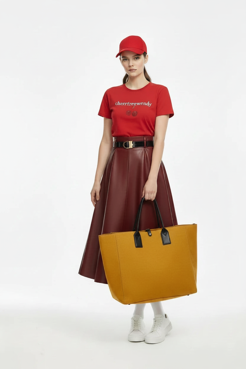 🍒Red pu skirt high end goddess fashion a-line leather midi mid length umbrella skirt occasion party wear Get A Little Bottle with A Burgundy