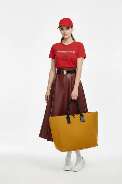 🍒Red pu skirt high end goddess fashion a-line leather midi mid length umbrella skirt occasion party wear Get A Little Bottle with A Burgundy