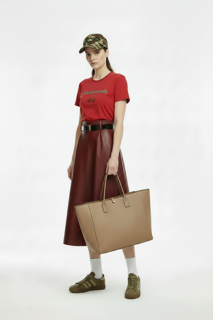 🍒Red pu skirt high end goddess fashion a-line leather midi mid length umbrella skirt occasion party wear Get A Little Bottle with A Burgundy
