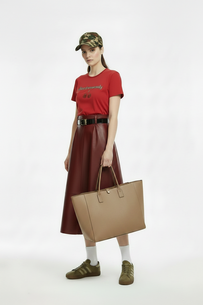 🍒Red pu skirt high end goddess fashion a-line leather midi mid length umbrella skirt occasion party wear Get A Little Bottle with A Burgundy