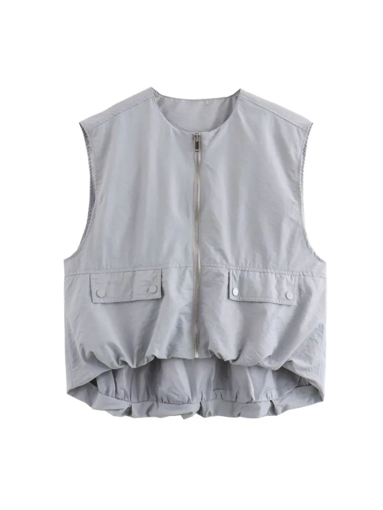 🍒Cargo style vest oversized light jacket o neck spring zipper pocket waistcoat female fashion crop top Y2K casual clothes Spring To This Zipper