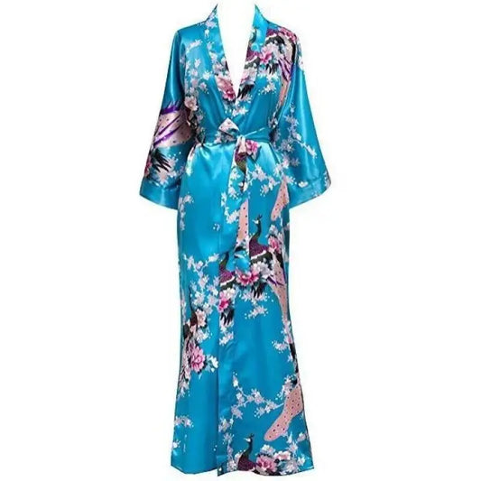 🍒缎面长袍女款大码，花卉孔雀印花和服式家居服，适合新娘伴娘婚庆浴袍，真丝睡衣，尽享缎面风情