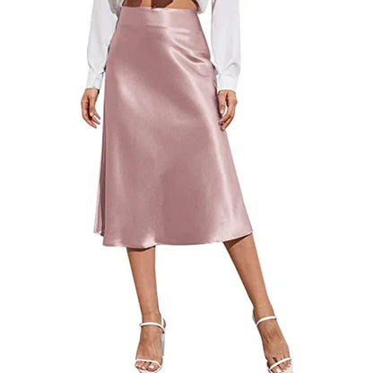 🍒Satyn hoë middellyf midi-romp, effekleur, a-lyn romp, syerig, elegante modepartytjie, slim gemaklike drag vir vroue - Skitter In Satyn