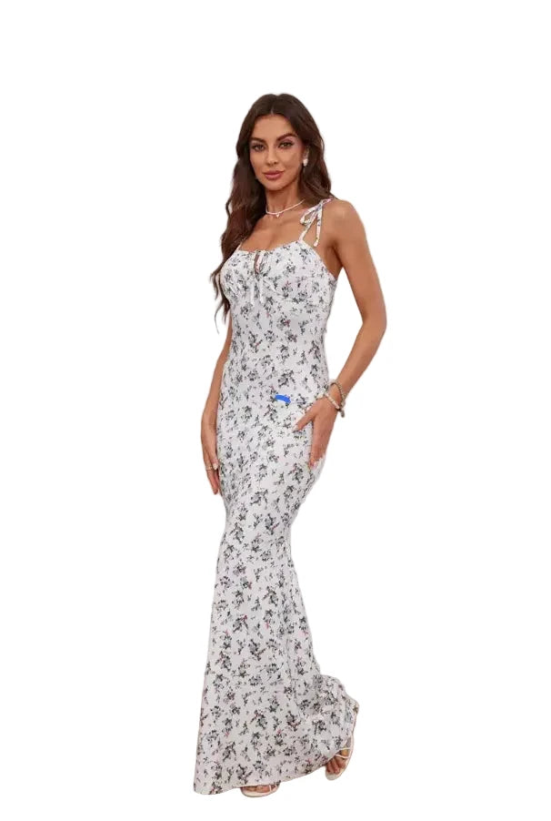 🍒Spaghetti strap foral bodycon  dress with balconette womens flower outfit for summer party club long dresses for women No Fork For This Fish Dish