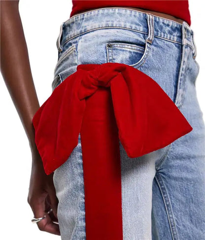 🍒Women's spring/autumn style Jeans fashion versatile slim Fit casual pants with linear and  bow detail decoration tie bow trousers  flared leg denim Line Up For These Bow Lines
