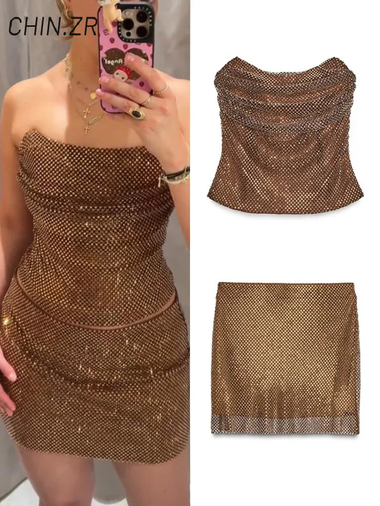 🍒Strapless vest top plus mini skirt sets womens pleated backless sleeveless tops short a-line skirts occasion party wear