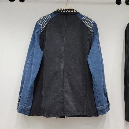 🍒Y2K oesjaar denimbaadjie stylvolle vakmanskap gestikte diamante baadjie enkele knoop gemengde media klere kontraskleur lapwerk denim dra slim gemaklik vroue Denim Ontwerper Diamant Genot