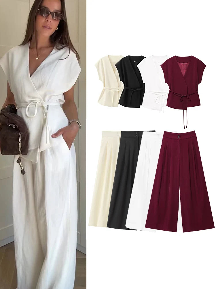 🍒Trouser suits for women sleeveless v-neck top with belt and straight pants wide leg sets spring summer clothing smart casual clothes party occasion wear two piece Two Piece Ease