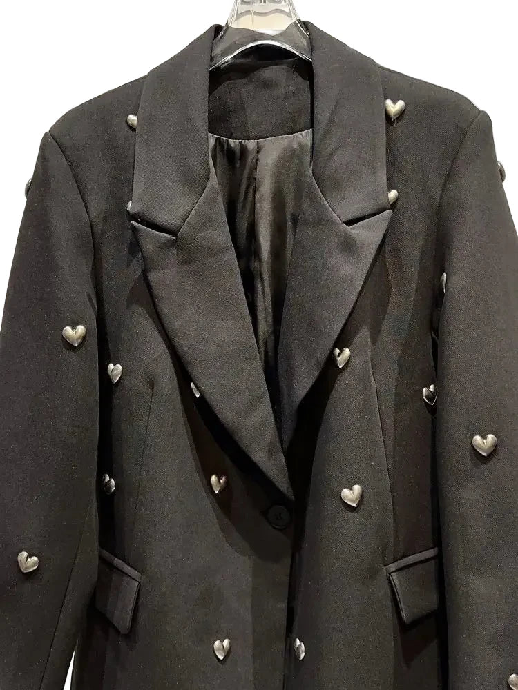 🍒Fashion lapel jacket metal hearts detail lapels blazer for women smart casual ladies office wear suit coat cool party wear occasion jacket Be A Boss GIrl And Wear Your Heart On Your Sleeve