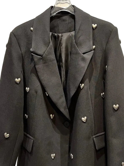 🍒Fashion lapel jacket metal hearts detail lapels blazer for women smart casual ladies office wear suit coat cool party wear occasion jacket Be A Boss GIrl And Wear Your Heart On Your Sleeve