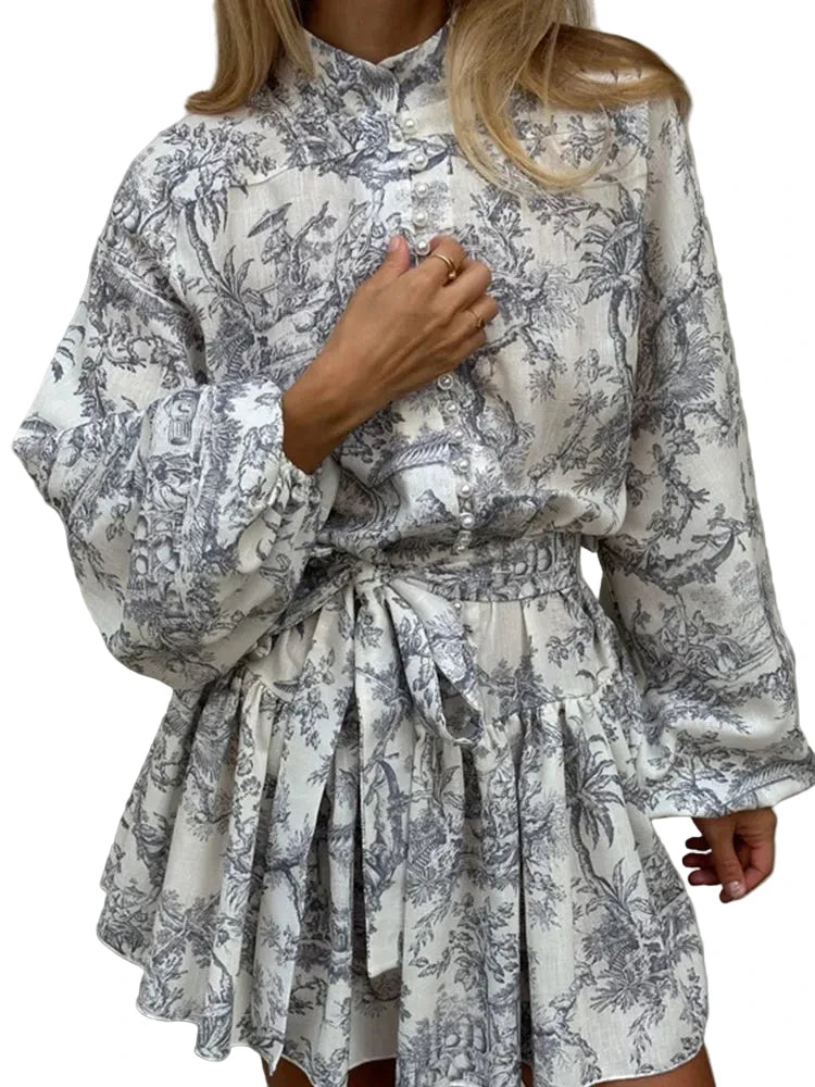 🍒Printed mini dress long sleeve clothes for hot weather o-neck outfit a line flare short china print smart casual female clothes fashion beach party wear holiday wear  Drink Cocktails In Your China