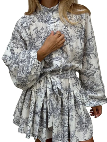 🍒Printed mini dress long sleeve clothes for hot weather o-neck outfit a line flare short china print smart casual female clothes fashion beach party wear holiday wear  Drink Cocktails In Your China