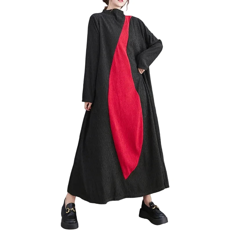 🍒Long sleeve maxi dress red and black outfit long sleeve loose  women smart casual clothes with patchwork loose fit a-line occasion wear chic holiday wear oversize fashion  Black Out Boring Clothes And Get This Red