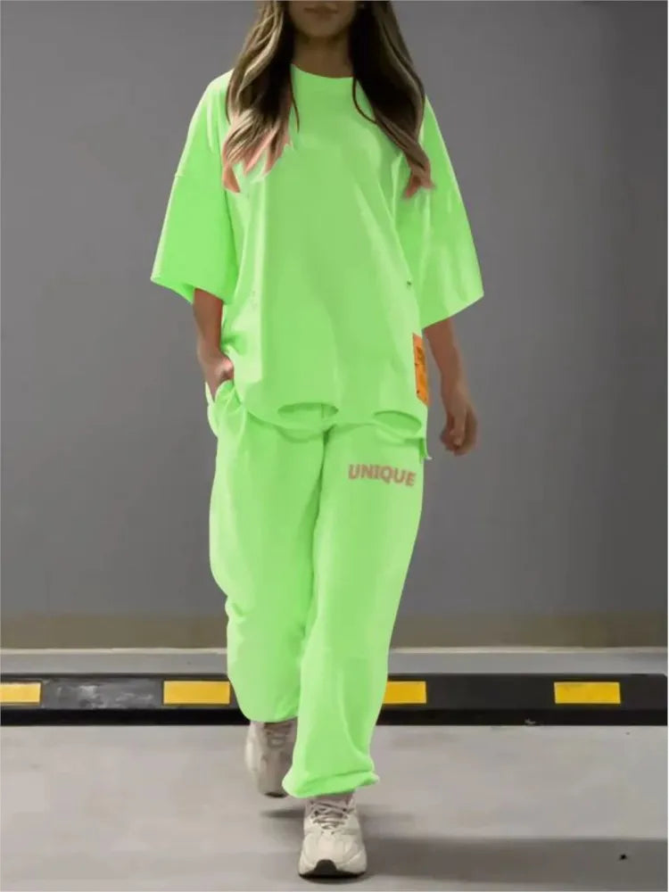 🍒Neon summer clothes fashion hollowed out o neck solid t shirt women's two piece set relaxed casual tracksuit for women with pocket pants Stand Out In Neon