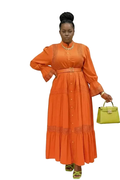 🍒Opstaande kraag maxi rok A-lyn elegante enkelborsknoop slim gemaklik vroue pofferige mou uitrusting enkelborsknoop hemprokke hoë middellyf Y2k mode oesjaarstyl kledingstuk Kry 'n VOLLEDIGE Voorkoms