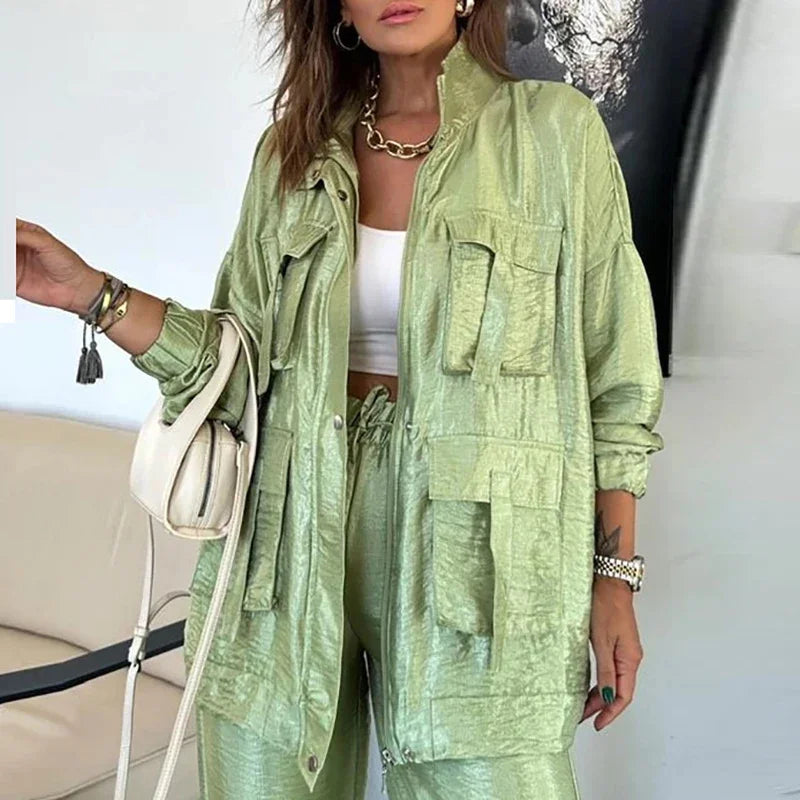 🍒Elegant casual single breasted utility coat jacket and matching pants suit women's retro loose large pocket solid colour two piece set Pocket These Pants And Jacket The Saving