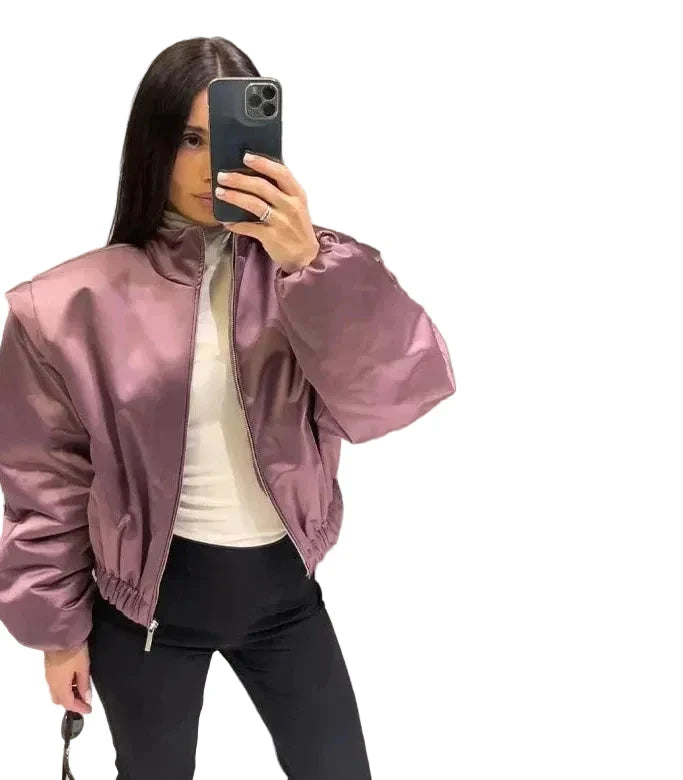 🍒Langmou-bomberbaadjie vir vroue, met ritssluiting en opstaande kraag, buiteklere kort gemaklike baadjie soliede sjiek vroulike satynklere mode Mauve Is In