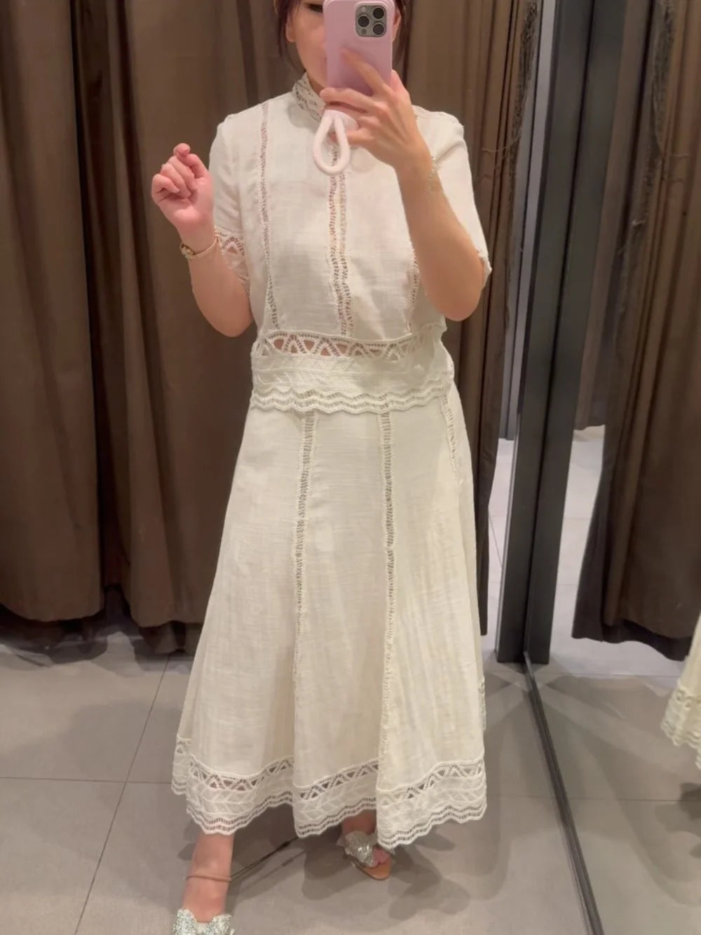 🍒Crochet top round neck design  short sleeve smart casual women  and matching white midi a- line skirt with side zipper suit The White Summer