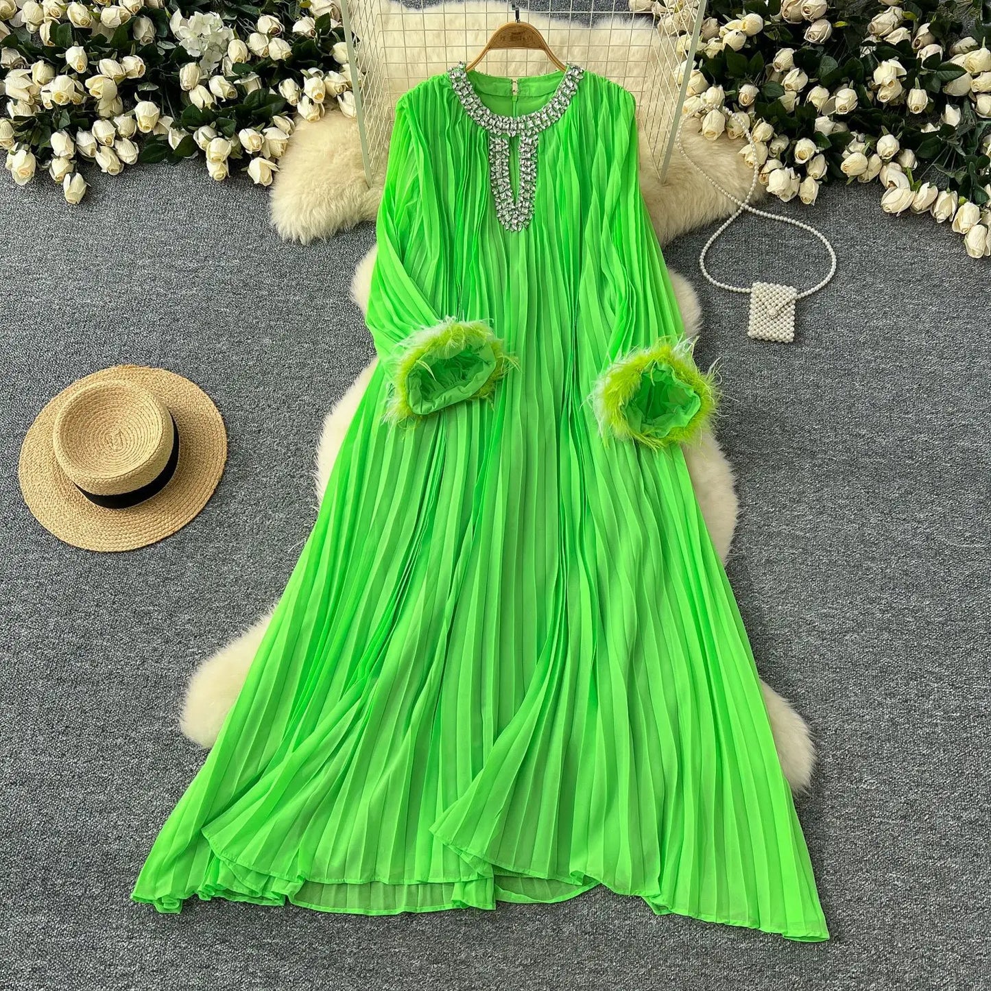 🍒Pleated long dress for women white maxi outfit wedding guest wear diamond and feather detail long sleeve elegant party occasion wear long sleeve club wear Look Diamond In Pleats