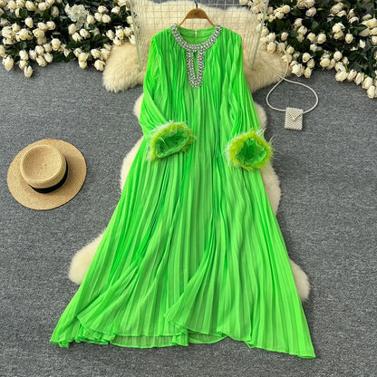 🍒Pleated long dress for women white maxi outfit wedding guest wear diamond and feather detail long sleeve elegant party occasion wear long sleeve club wear Look Diamond In Pleats