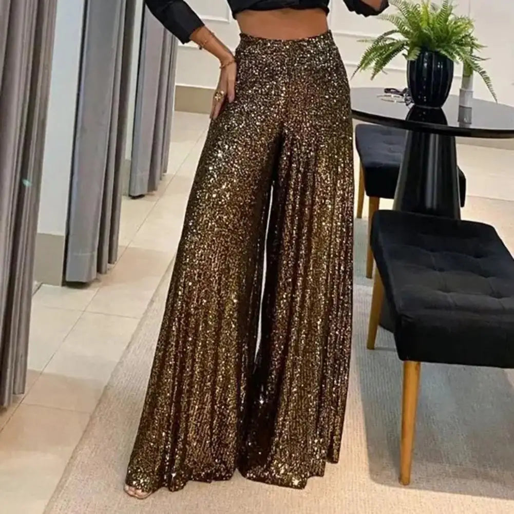 🍒High waist elastic wide leg  pants full length womens pants for night club with sequins Loose occasion party weat They Will Take A ComPLETEly WIDE Birth To Appreciate This